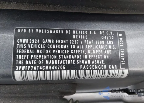 2012 Volkswagen Beetle Entry z USA, uszkodzony, nr VIN 3VWFP7AT4CM644705